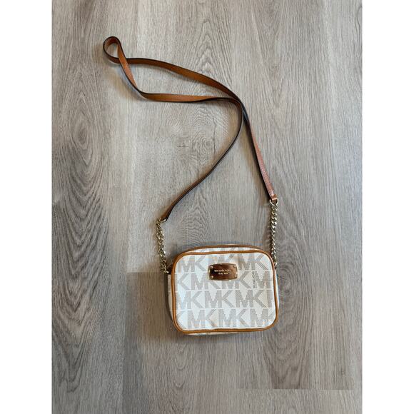 Michael Kors Jet Set Crossbody Bag – Vanilla Logo Fabric & Brown Leather Trim - Picture 1 of 7